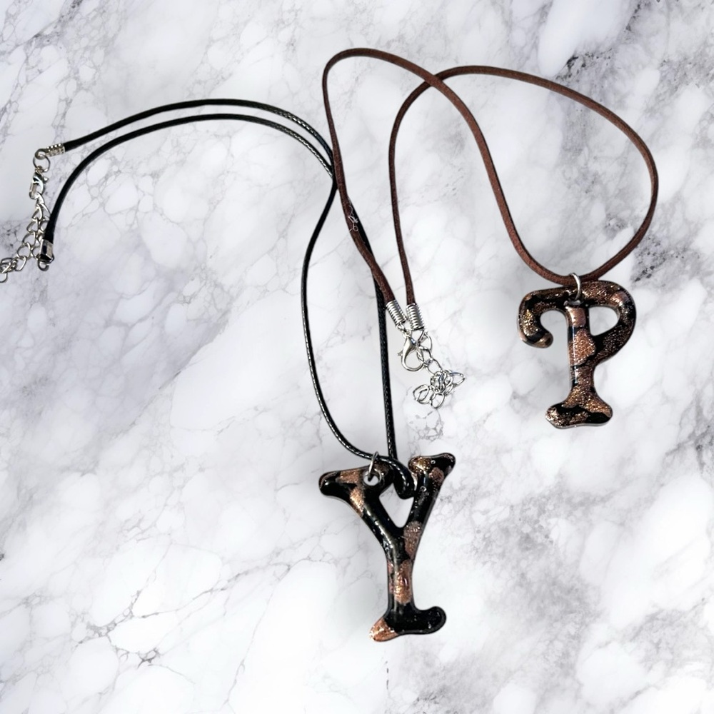 Hand Crafted Necklace Initials Letters Black Copper Glass - Picture 7 of 8